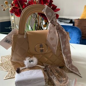 Beige Quilted Satchel with Scarf